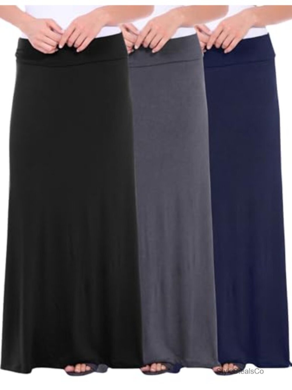 Women's Flowy A-Line Maxi Skirt 3 Pack Foldover Waistband Rayon Spandex